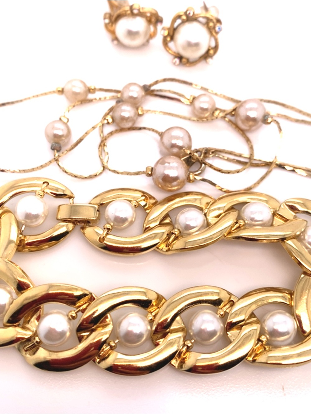 Gold Tone Pearl Link Bracelet, Necklace and Clip-on Earrings